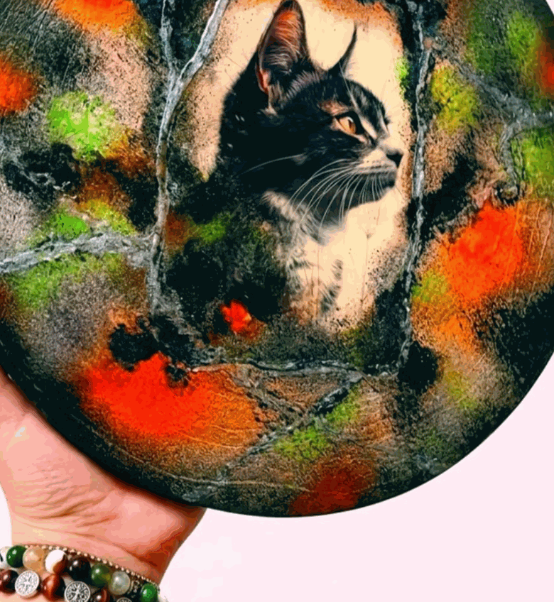 Stolik / kwietnik / podstawka na kawę z kotem — unikat 25 cm, ręcznie malowany mixmedia patyna