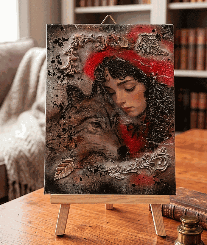 Obraz mixmedia 3D strukturalny rękodzieło Czerwony Kapturek Scarlet Hood