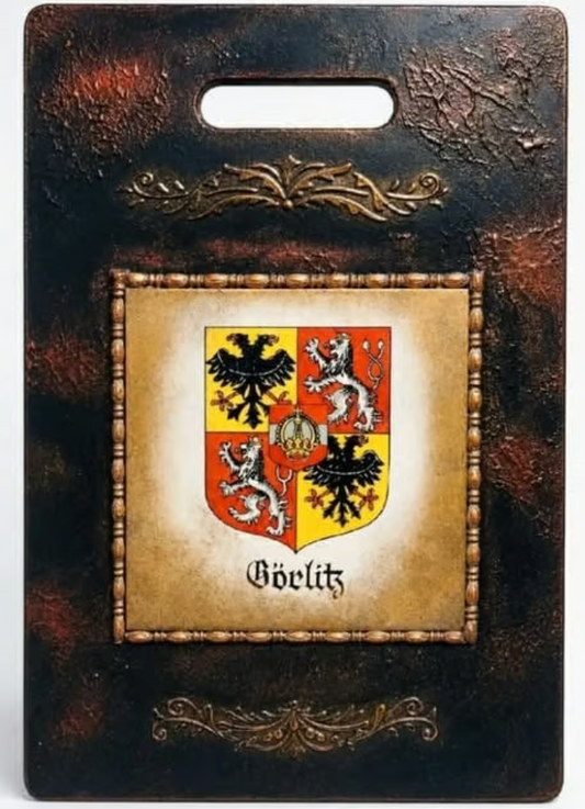 Decorative board with a vintage communist-era tile - Görlitz coat of arms, historical souvenir