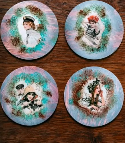 Wooden coasters handmade vintage retro marine (set of 4) — nautical style