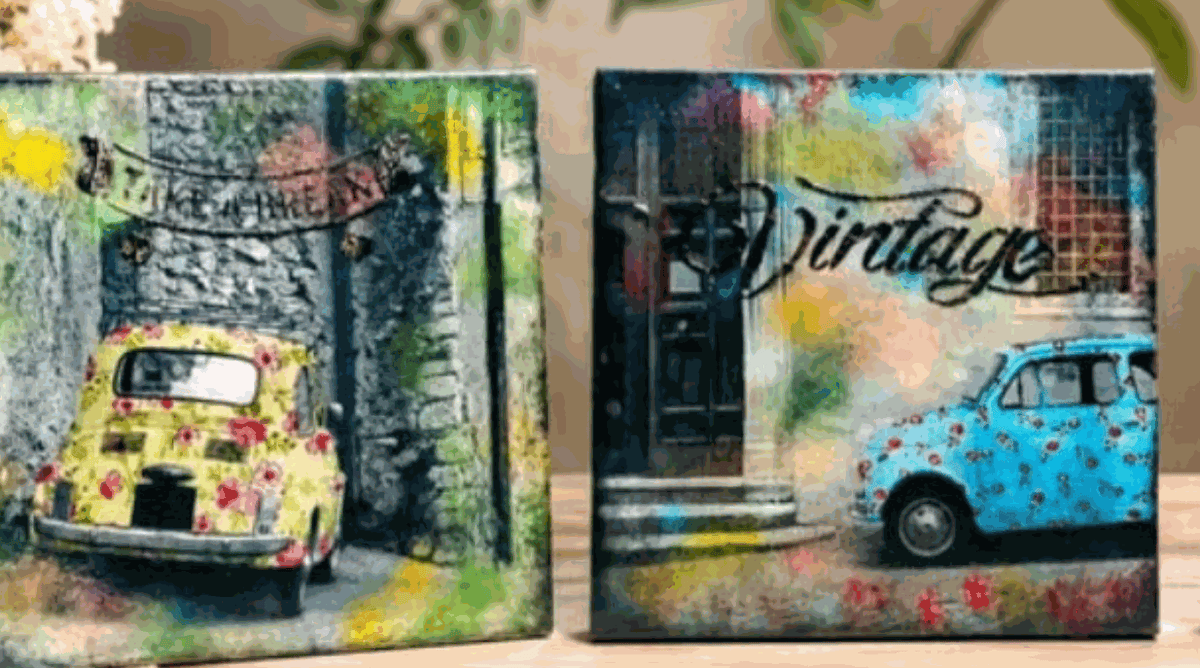 Obrazy zestaw Vintage Italy Fiat – Upcycling | Ręcznie wykończone | Komplet 2 szt.