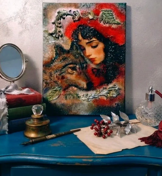 Obraz mixmedia 3D strukturalny rękodzieło Czerwony Kapturek Scarlet Hood