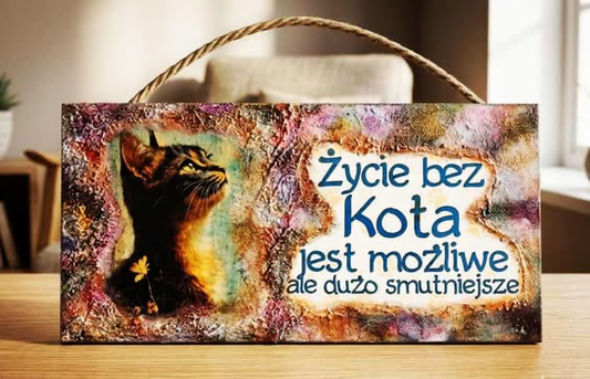 Richly decorated plaque with a cat and structures handmade / upcycled