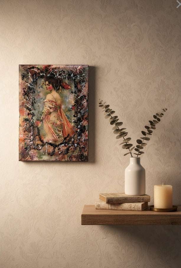 Oprawiony obraz z portretem kobiety w technice mixed media, bogata kolorystyka