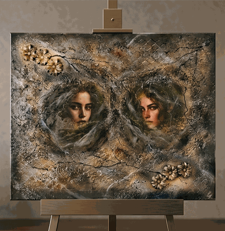 "Two of Us" Duży obraz strukturalny mixed media art unikat