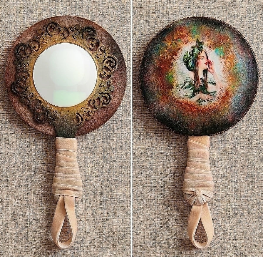 Ręcznie zdobione lusterko retro / vintage | Upcycling, mixed media | mix wzorów