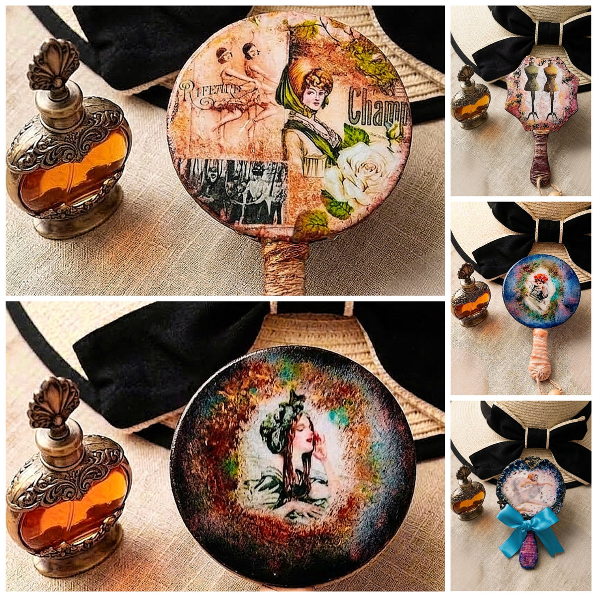 Ręcznie zdobione lusterko retro / vintage | Upcycling, mixed media | mix wzorów