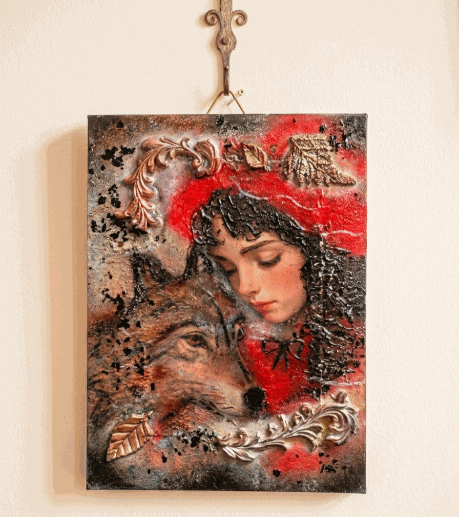 Obraz mixmedia 3D strukturalny rękodzieło Czerwony Kapturek Scarlet Hood