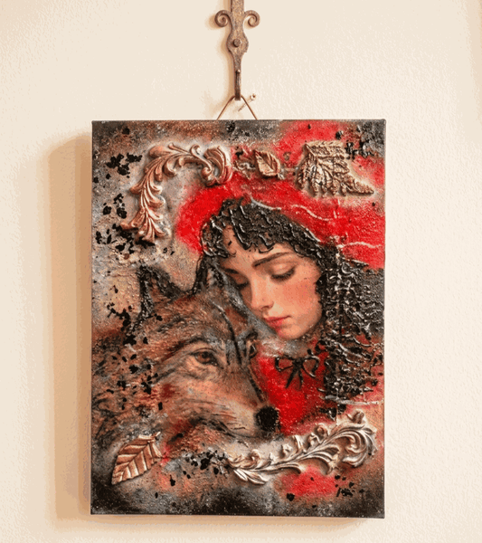 Obraz mixmedia 3D strukturalny rękodzieło Czerwony Kapturek Scarlet Hood
