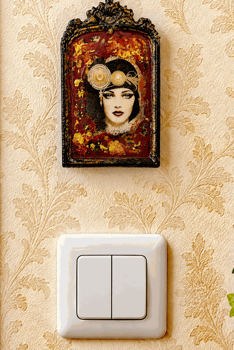 Mini portrety Art Deco na przylepiec nad przełącznik elektryczny autorskie unikaty