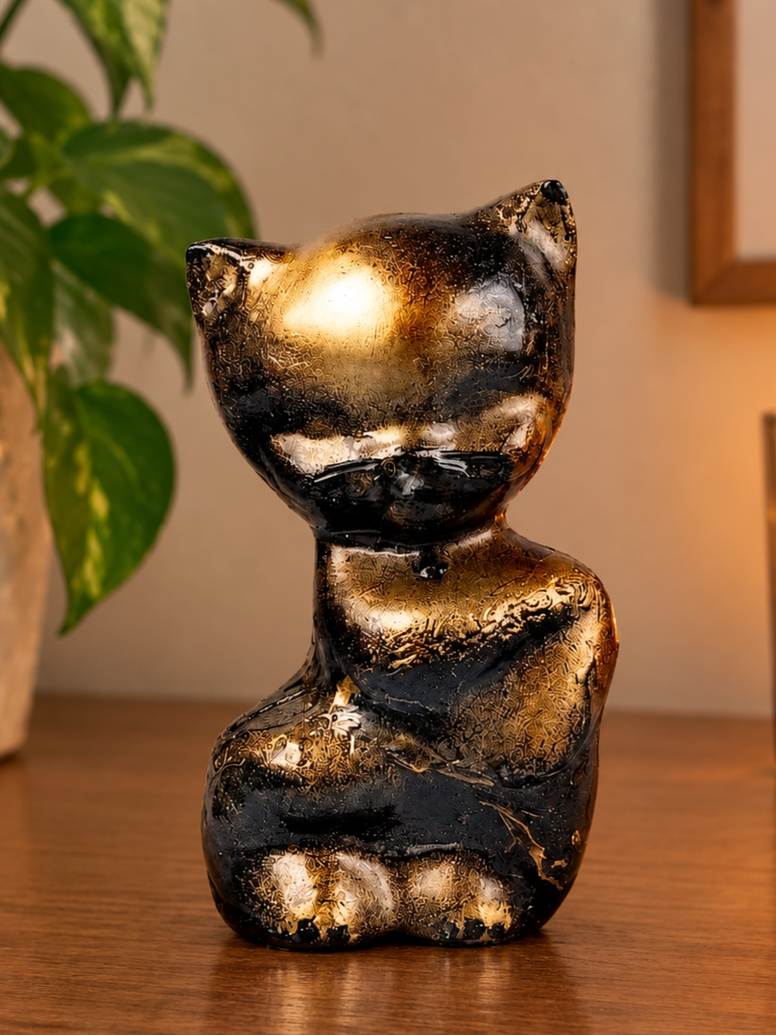 Artystyczna figurka kota w czerni i antycznym złocie | upcycling (Unikat 1 of 1) - Pastelia - Unique Art Pieces