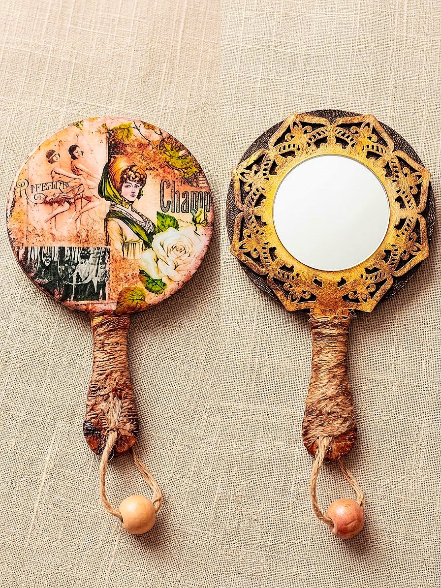 Ręcznie zdobione lusterko retro / vintage | Upcycling, mixed media | mix wzorów