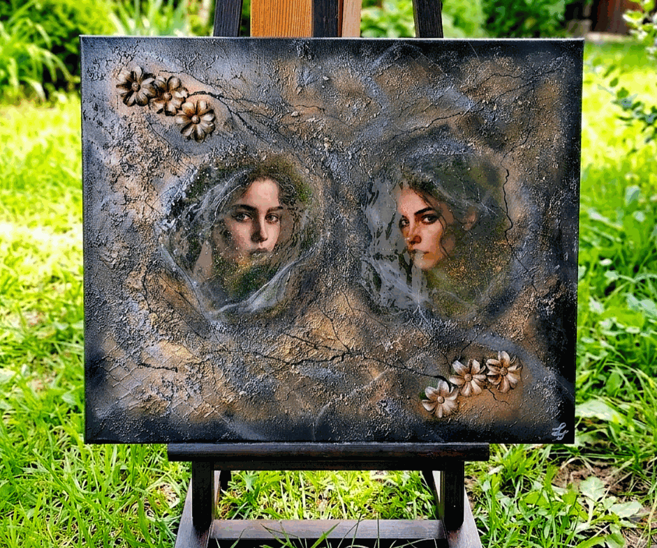 "Two of Us" Duży obraz strukturalny mixed media art unikat