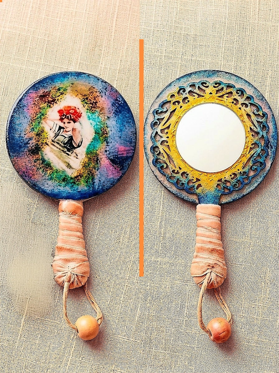 Ręcznie zdobione lusterko retro / vintage | Upcycling, mixed media | mix wzorów