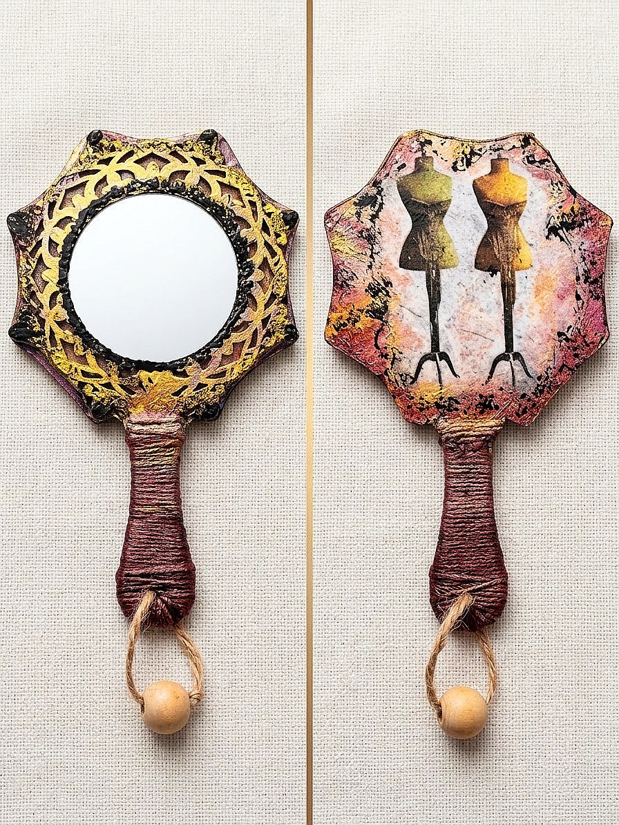 Ręcznie zdobione lusterko retro / vintage | Upcycling, mixed media | mix wzorów